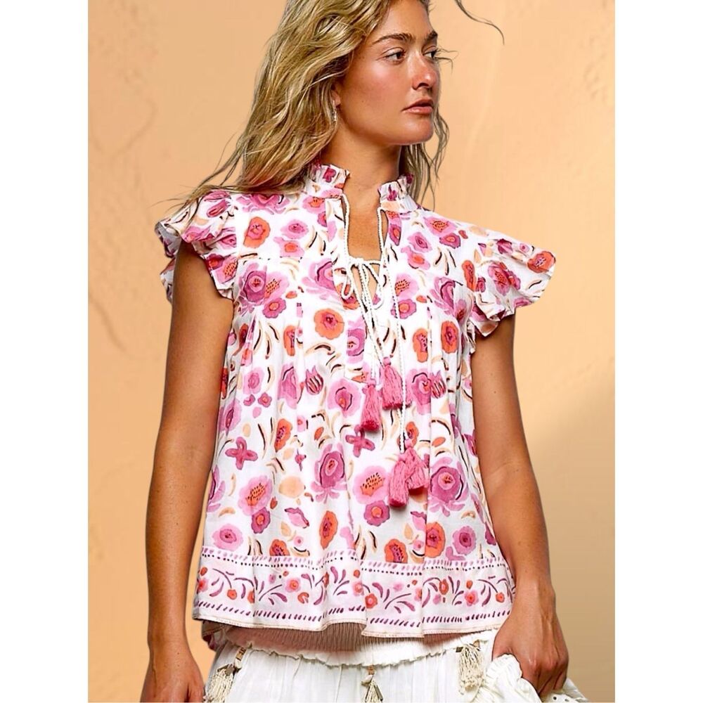 POL Floral Tassel Tie Flutter Sleeve Boho Cotton Blouse Pink Floral NEW - Picture 6 of 7
